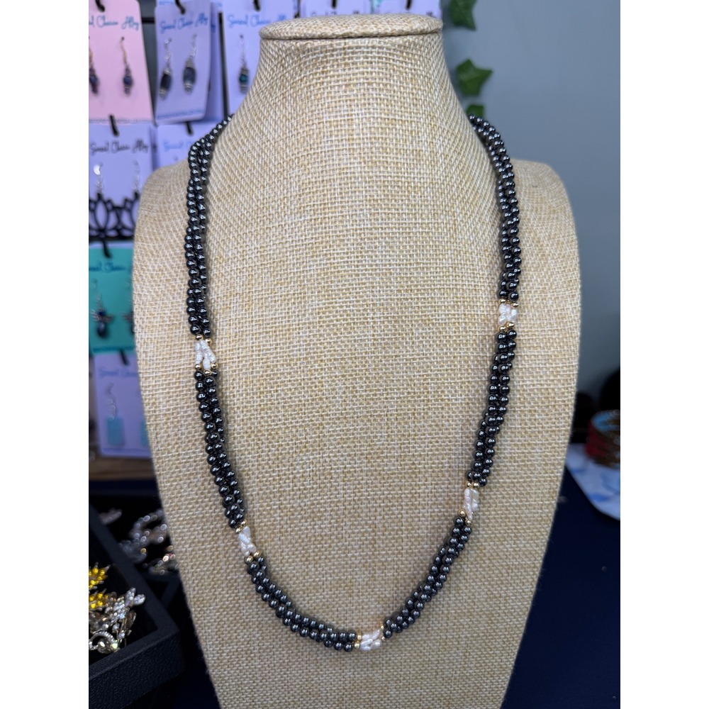Hematite and Freshwater Pearl Multi Strand Necklace Dark Grey White Gold Tone